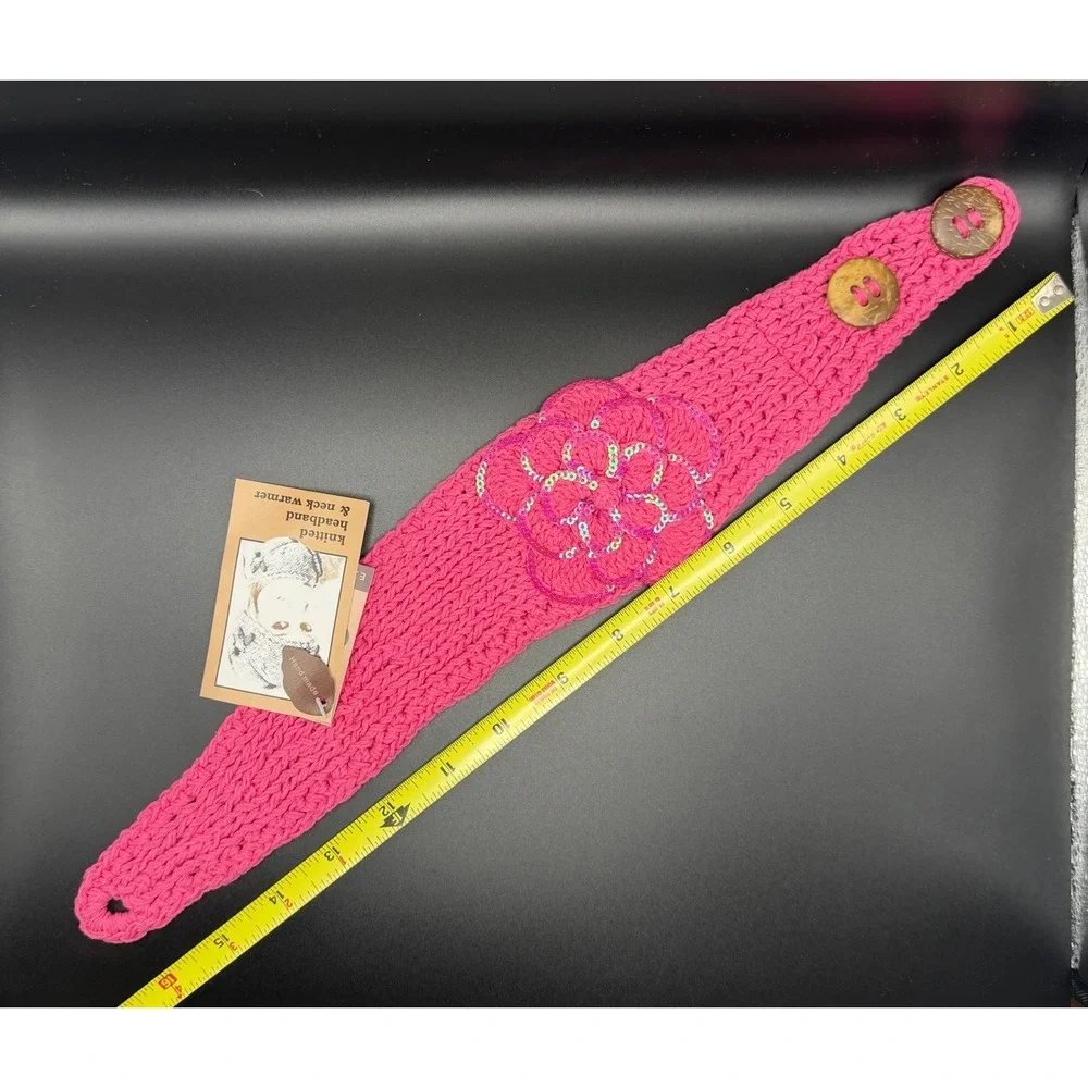 C.C Exclusives Pink Knitted Headband Ear Warmer with Sequin Flower
